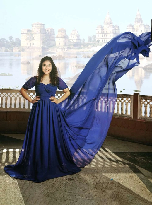 Blue Off Shoulder Full Flared Trail Gown