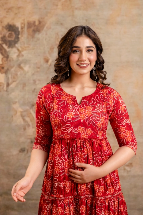 Henal Crimson Garden Maternity Dress – Red Floral Cotton Tiered Kurti Gown