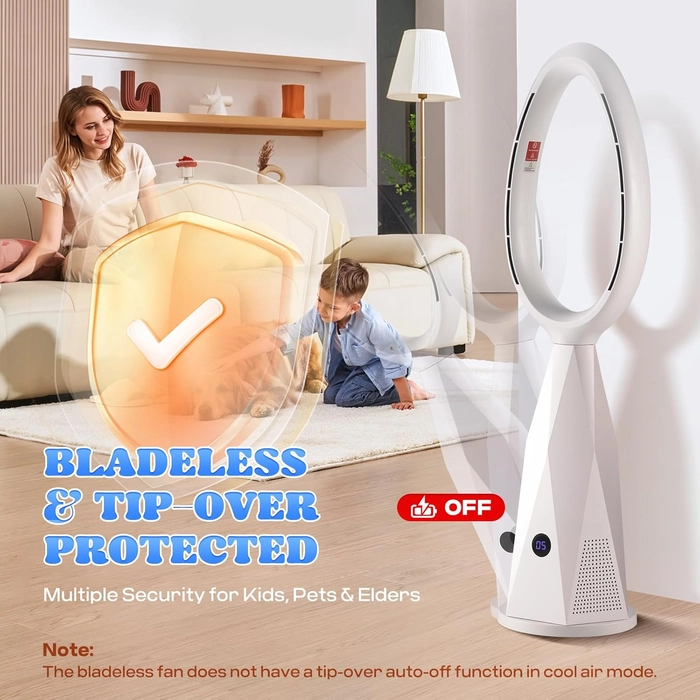 Moongiantgo 46" Ventilateur tour sans pales & chauffage avec télécommande et filtre HEPA - 10 vitesses, oscillation 80°, mode nuit, protection anti-bascule, pour pièce/maison/bureau (blanc)