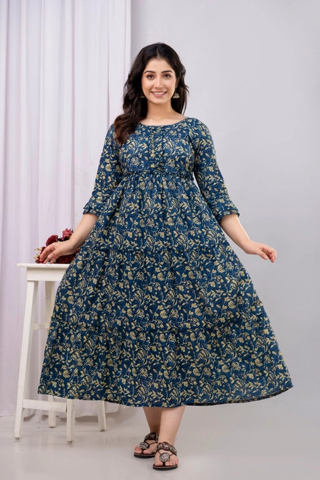 Henal Cotton Navy Blue Leaf Print Maternity Dress – Comfortable Maxi for Pregnancy & Nursing