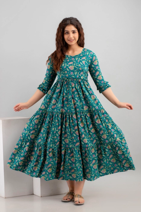 Henal Teal Floral Cotton Maternity Maxi Dress – Comfort Fit for Moms-to-Be