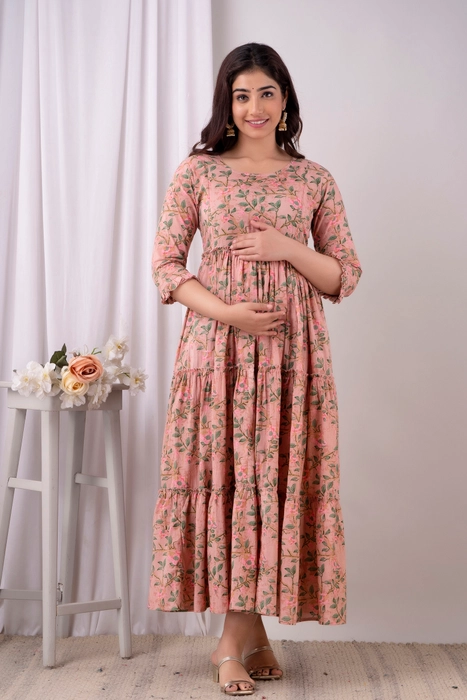 Peach Floral Cotton Maternity Dress – Tiered Anarkali Style with 3/4 Sleeves