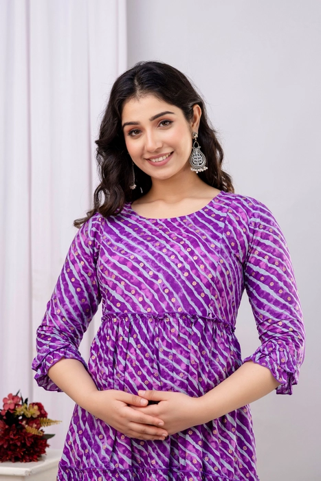 Henal Premium Purple Bandhani Cotton Maternity Dress – Soft & Stylish for Every Stage