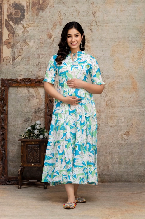 Henal Aqua Blue Floral Cotton Maternity Maxi Dress – Light, Breezy & Beautiful