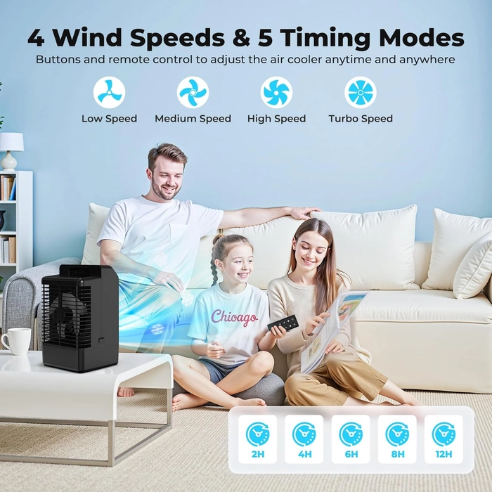 Climatiseur Mobile avec Ecran, 1000 ml Refroidisseur D'air, 4-EN-1 Ventilateur Humidificateur Mini Clim avec Double Pulvérisation et Lumière, 4 Vitesses de Synchronisation Climatiseurs Portables