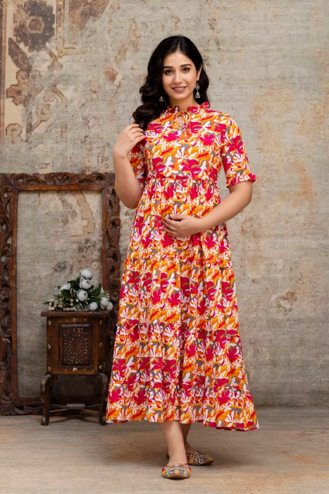 Henal Sunset Bloom Maternity Dress – Orange & Pink Floral Cotton Maxi for Moms