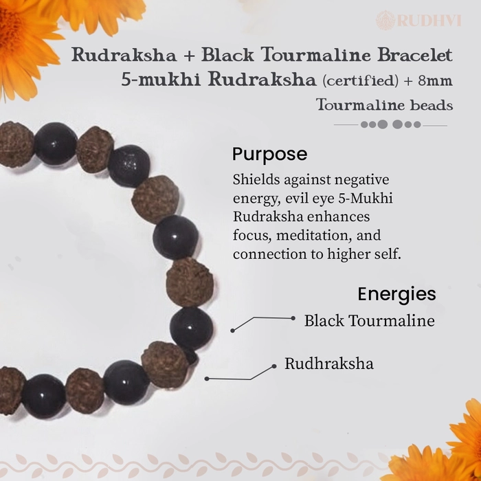 Rudraksha + Black Tourmaline Bracelet 5-mukhi Rudraksha (certified) + 8mm Tourmaline beads.