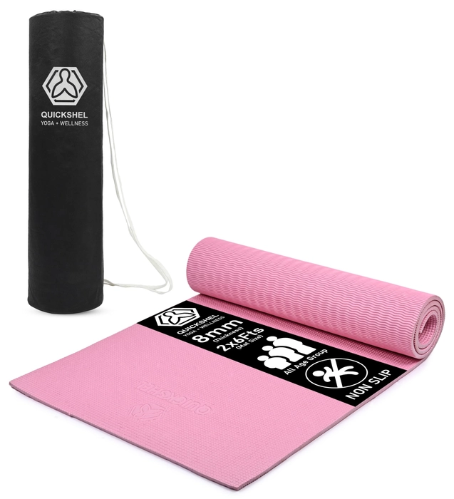 Quick Shel Extra Thick 8mm Thickness Yoga mats Exercise Mat Anti-Skid 8mm thickness Water/Dirt Proof Lightweight easy to Carry for home and gym workouts for men women children with Carry Bag (Pink) (2