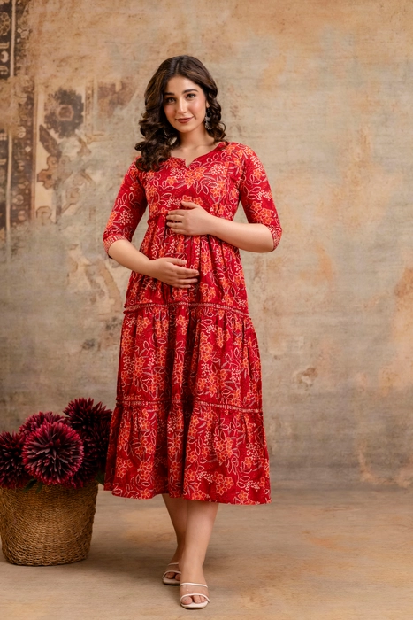 Henal Crimson Garden Maternity Dress – Red Floral Cotton Tiered Kurti Gown