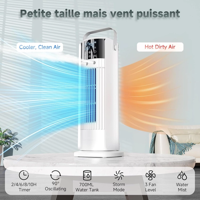 Climatiseur Mobile 5 en 1- Climatisation Portable Silencieux,Rafraichisseur d'air,Faible Conso,4 Vitesses 2 Modes de Pulvérisation,700ml,Télécommande pour Chambre,Bureau,Cuisine [Classe énergétique A+
