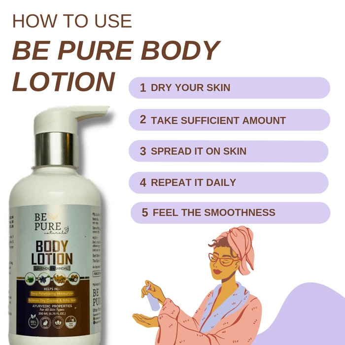 Be Pure Naturals Body Lotion with Sandal & Lavender, Ultra light Body Lotion for Smooth Skin, Acne & Rashes Free Skin (200ml)