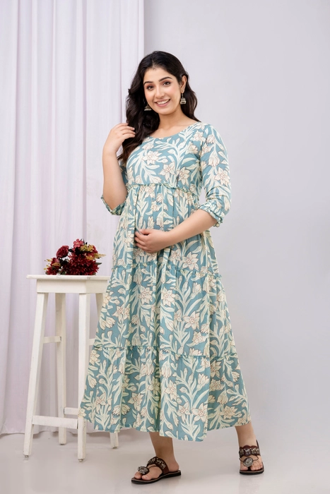 Sage Green Floral Cotton Maternity Dress – Tiered Maxi with Ruffle Sleeves