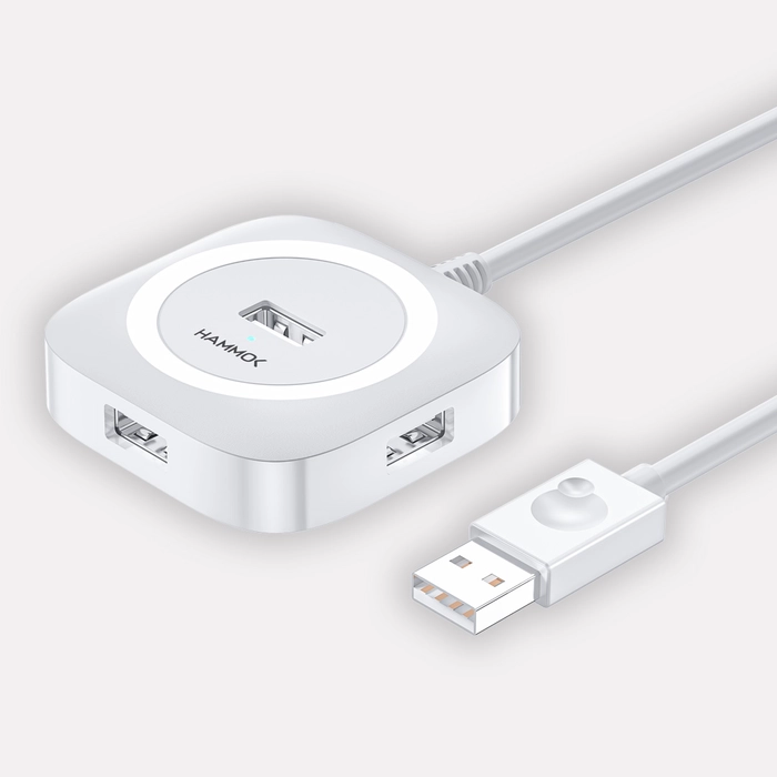 HAMMOK Jack USB 2.0 4 Port High Speed Hub, Portable Data Hub Applicable for iMac Pro, MacBook Air, Mac mini Pro, Surface Pro, Notebook PC, Laptop, USB Flash Drives, Mobile HDD, Travel USB Hub, white