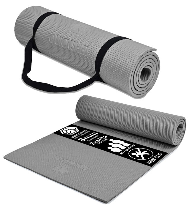 Quick Shel Extra Thick 8mm Thickness Yoga mats Exercise Mat Anti-Skid 8mm thickness Water/Dirt Proof Lightweight easy to Carry for home and gym workouts for men women children with Carry Strap (Grey)