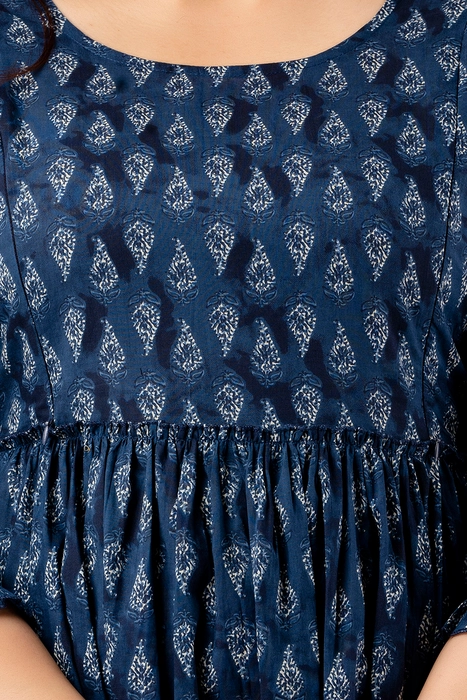 Navy Blue Handblock Printed Cotton Maternity Dress – Tiered Anarkali with 3/4 Sleeves