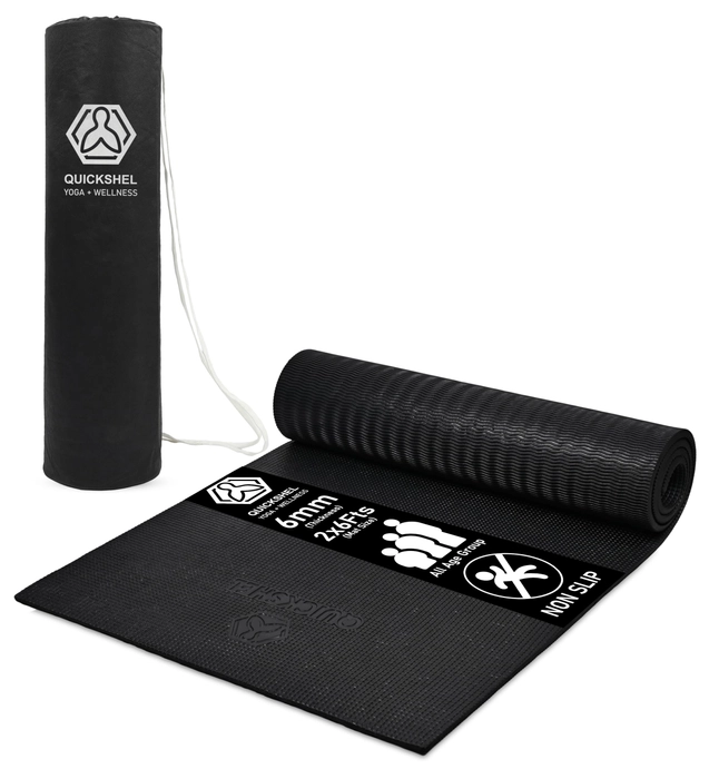 Quick Shel Yoga mats Exercise Mat Anti-Skid Water/Dirt Proof Lightweight easy to Carry for home and gym workouts for men women children with Carry Bag (Black) (2fts x 6fts) (6mm Thickness)