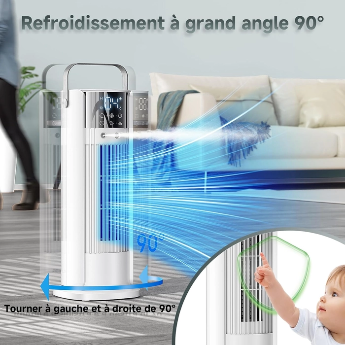 Climatiseur Mobile 5 en 1- Climatisation Portable Silencieux,Rafraichisseur d'air,Faible Conso,4 Vitesses 2 Modes de Pulvérisation,700ml,Télécommande pour Chambre,Bureau,Cuisine [Classe énergétique A+