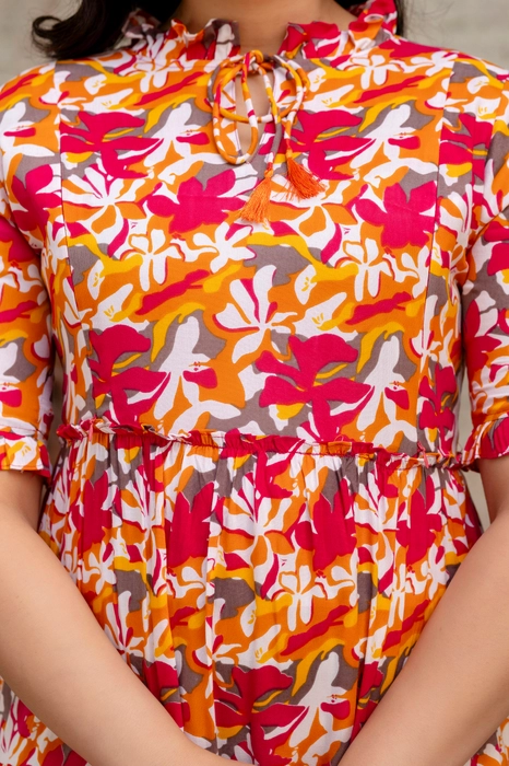 Henal Sunset Bloom Maternity Dress – Orange & Pink Floral Cotton Maxi for Moms
