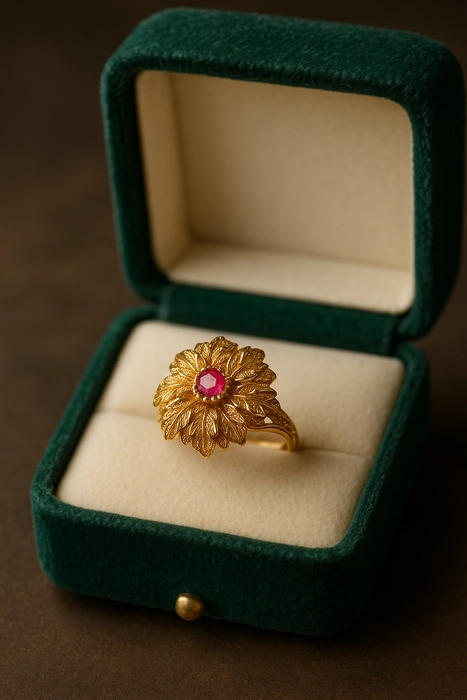 🌸 Flower-Inspired Gold Ring | Elegant Ruby Accent