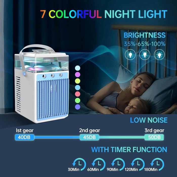Refroidisseur d'air Portable, 4 en 1 Rechargeable Mini Climatiseur Portable avec 6 Bacs à Glace, Climatiseur Mobile via App Contrôle pour Bureau, Tente, Chambre à Coucher