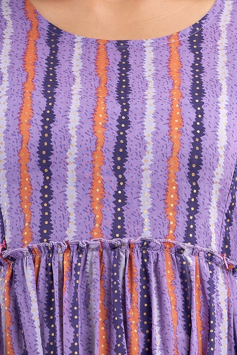 Purple Striped Cotton Maternity Dress for Women – Tiered Flare with 3/4 Ruffle Sleeves