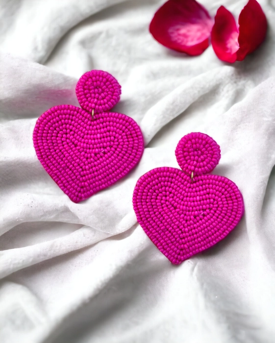 Pink Heart Beaded Dangle Earrings - Blush Affection Cascades