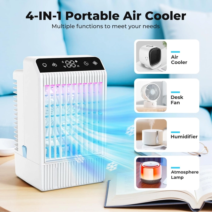 Climatiseur Mobile avec Ecran, 1000 ml Refroidisseur D'air, 4-EN-1 Ventilateur Humidificateur Mini Clim avec Double Pulvérisation et Lumière, 4 Vitesses de Synchronisation Climatiseurs Portables