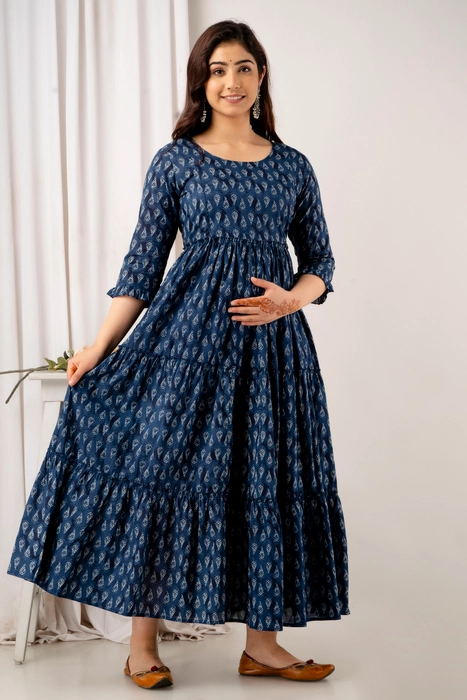Navy Blue Handblock Printed Cotton Maternity Dress – Tiered Anarkali with 3/4 Sleeves