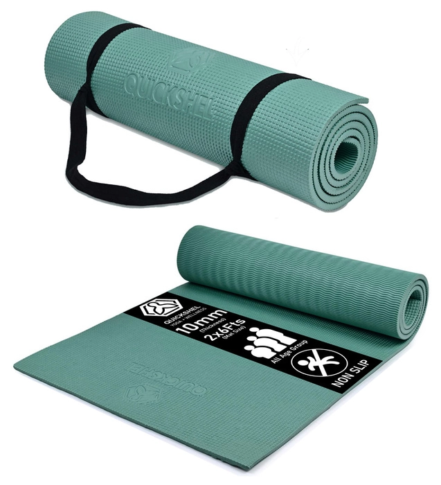 Quick Shel Extra Thick 10mm Thickness Yoga mats Exercise Mat Anti-Skid Water/Dirt Proof Lightweight easy to Carry for home and gym workouts for men women with Carry Strap (Army Green) (2fts x 6fts)