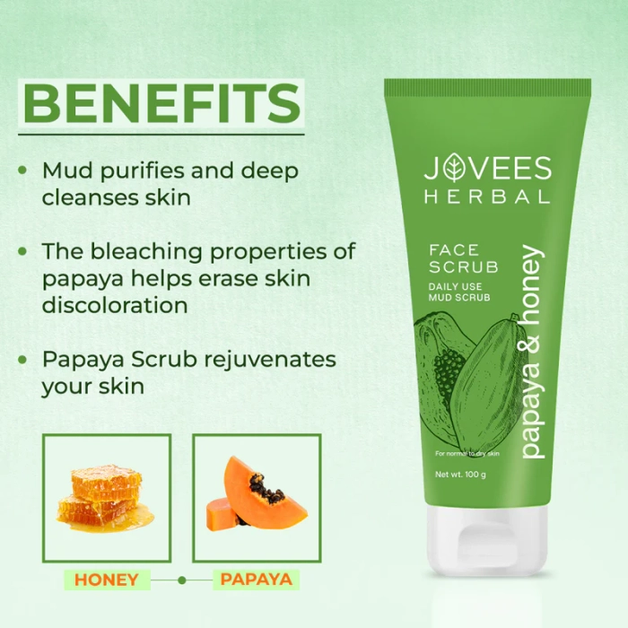 Jovees Papaya & Honey Face Scrub | With Honey & Neem | Normal to Dry Skin