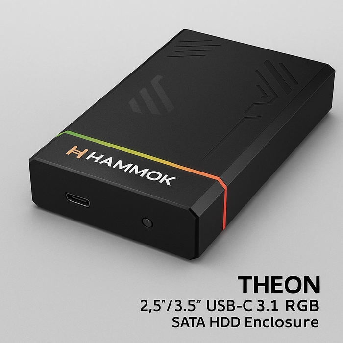 HAMMOK THEON RGB SATA HDD Enclosure – USB-C 3.1 | 2.5"/3.5" Drive Support | 6Gbps Speed | RGB Lighting | External Hard Drive Case
