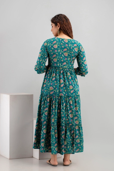 Henal Teal Floral Cotton Maternity Maxi Dress – Comfort Fit for Moms-to-Be