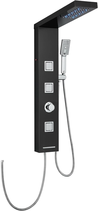 Panneau de douche LED sans robinet, panneau de douche 4 fonctions avec douche à effet pluie LED, 3 buses de massage, douchette à main et bec de baignoire, colonne de douche en acier