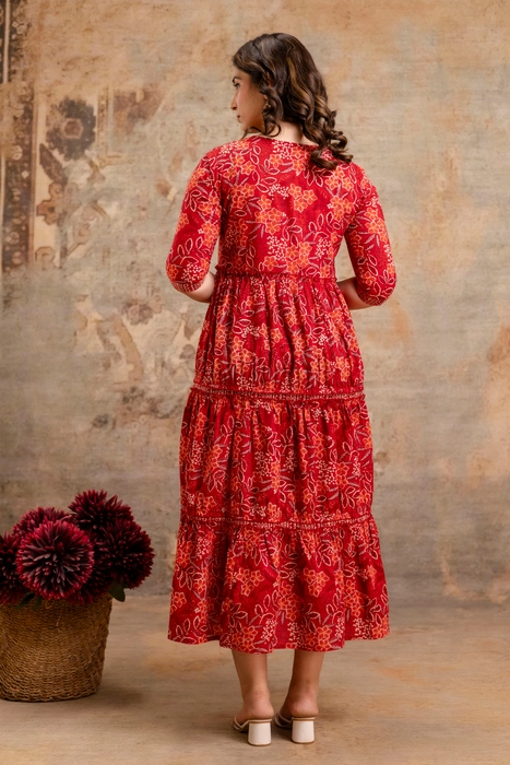 Henal Crimson Garden Maternity Dress – Red Floral Cotton Tiered Kurti Gown