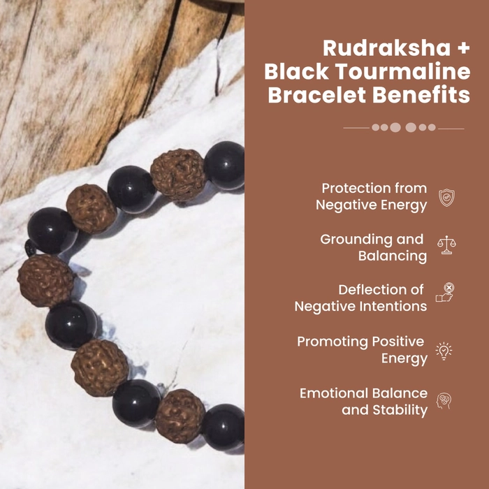Rudraksha + Black Tourmaline Bracelet 5-mukhi Rudraksha (certified) + 8mm Tourmaline beads.