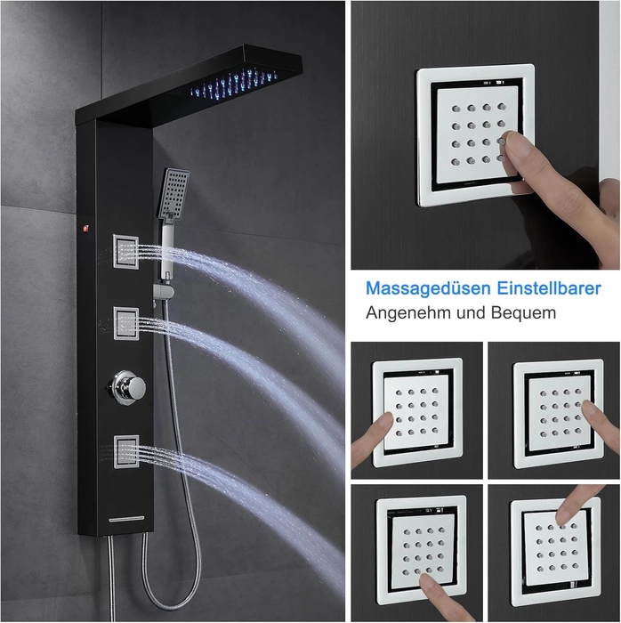 Panneau de douche LED sans robinet, panneau de douche 4 fonctions avec douche à effet pluie LED, 3 buses de massage, douchette à main et bec de baignoire, colonne de douche en acier