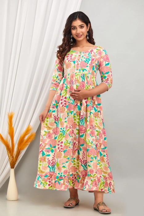 Floral Printed Cotton Maternity Dress for Women with Front Button Detailing
