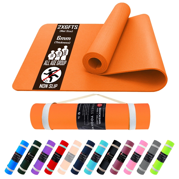 Quick Shel Yoga mats Exercise Mat Anti-Skid Water/Dirt Proof Lightweight easy to Carry for home and gym workouts for men women children with Carry Strap (Orange) (2fts x 6fts) (6mm Thickness)