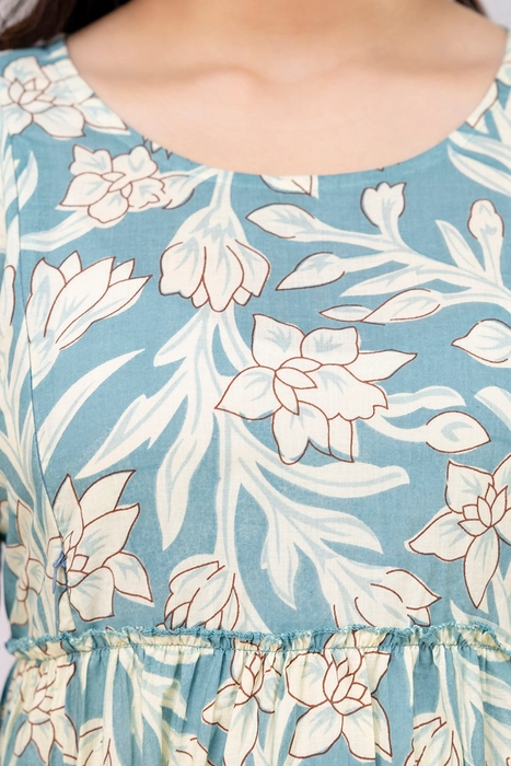 Sage Green Floral Cotton Maternity Dress – Tiered Maxi with Ruffle Sleeves