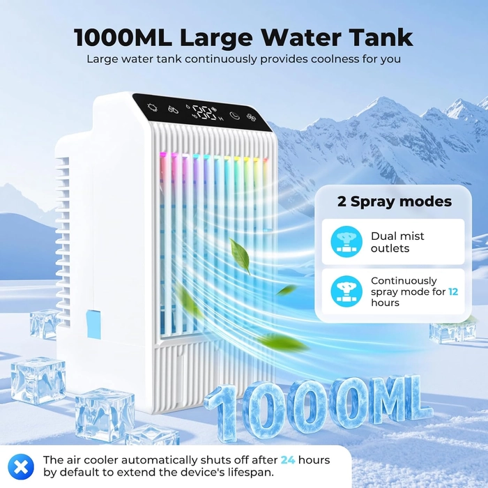 Climatiseur Mobile avec Ecran, 1000 ml Refroidisseur D'air, 4-EN-1 Ventilateur Humidificateur Mini Clim avec Double Pulvérisation et Lumière, 4 Vitesses de Synchronisation Climatiseurs Portables