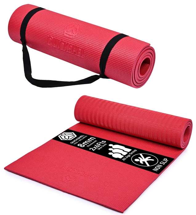 Quick Shel Extra Thick 8mm Thickness Yoga mats Exercise Mat Anti-Skid Water/Dirt Proof Lightweight easy to Carry for home and gym workouts for men women children with Carry Strap (Red) (2fts x 6fts)