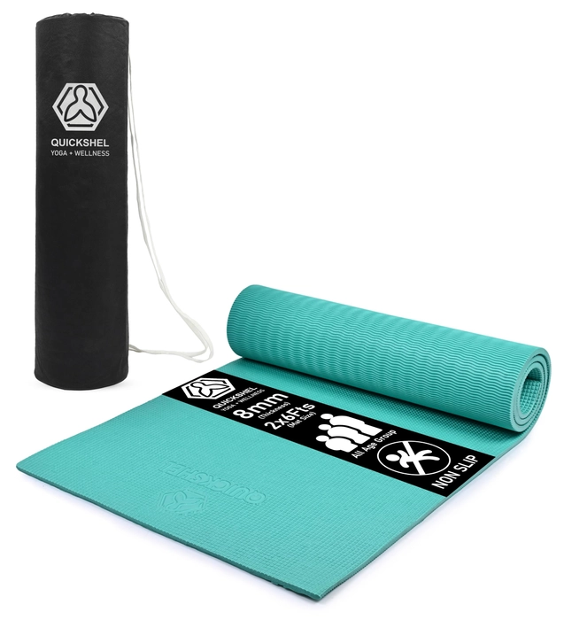 Quick Shel Extra Thick 8mm Thickness Yoga mats Exercise Mat Anti-Skid Water/Dirt Proof Lightweight easy to Carry for home and gym workouts for men women with Carry Bag (Sea Green) (2fts x 6fts)