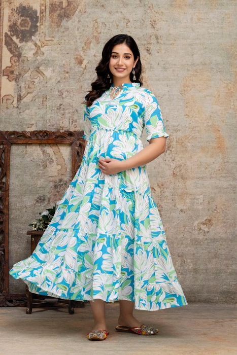 Henal Aqua Blue Floral Cotton Maternity Maxi Dress – Light, Breezy & Beautiful