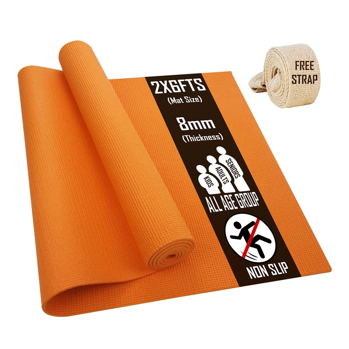 Quick Shel Extra Thick 8mm Thickness Yoga mats Exercise Mat Anti-Skid Water/Dirt Proof Lightweight easy to Carry for home and gym workouts for men women children with Carry Strap (Orange) (2fts x 6fts