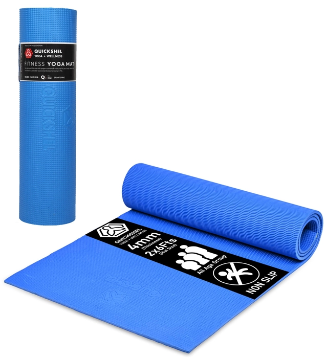 QUICK SHEL Yoga Mat - 4mm Thick, Anti-Skid, Water/Dirt Proof, Lightweight Exercise Mat for Men, Women & Kids | Textured Surface | Color - Green | Material - EVA | 2x6ft Size (Blue)