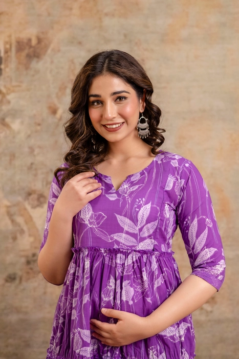 Henal Maternity Floral Printed Tier Dress – Purple