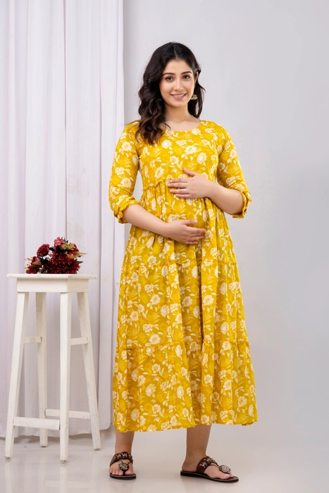 Yellow Floral Cotton Maternity Dress – Tiered Anarkali with 3/4 Sleeves