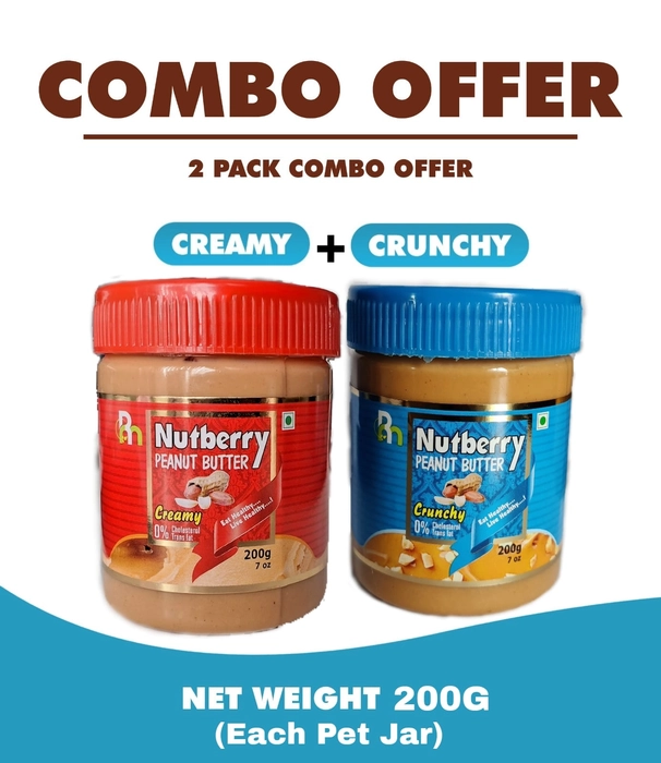 Nutberry Peanut Butter creamy + crunchy combo pack of 2 200gm jar (regular, 200gm) | Vegan | Cholesterol Free | No Hydrogenated Oil | Zero Trans-Fat