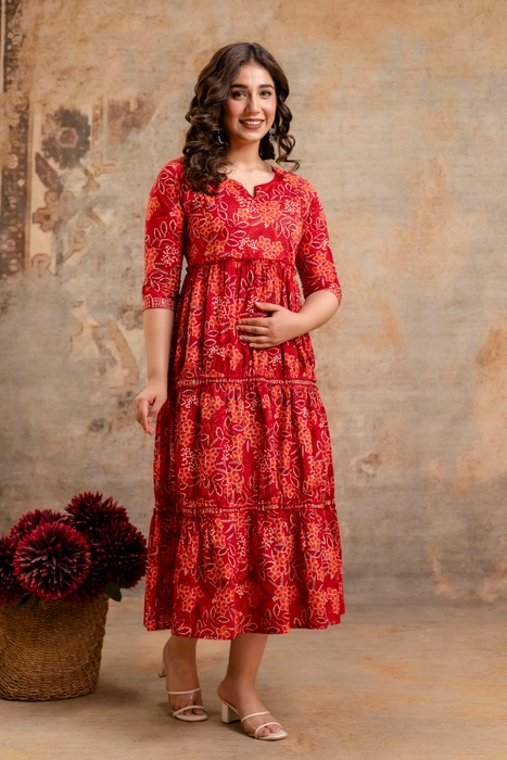 Henal Crimson Garden Maternity Dress – Red Floral Cotton Tiered Kurti Gown