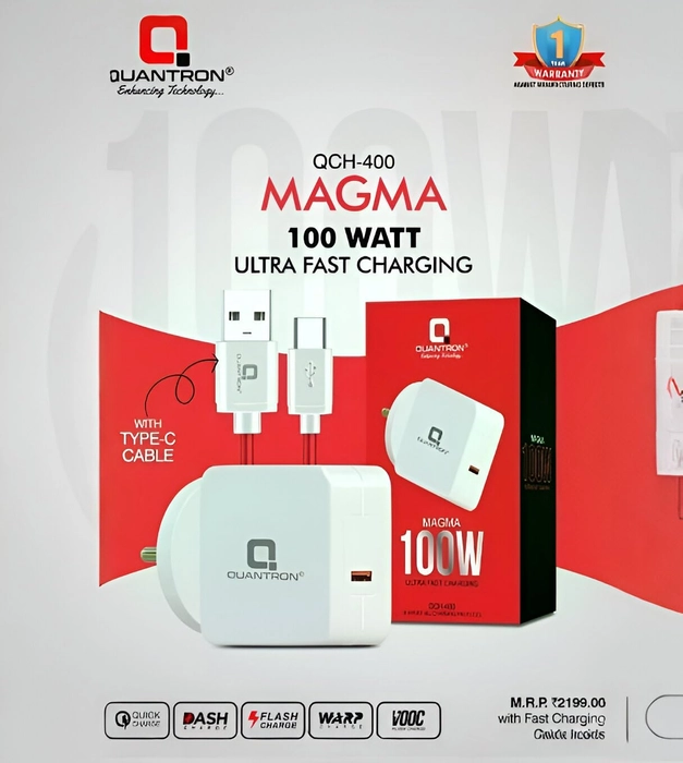 Quantron Magma QCH-400 100W | Ultra Fast Charging | Adapter with Type-C Cable | White
